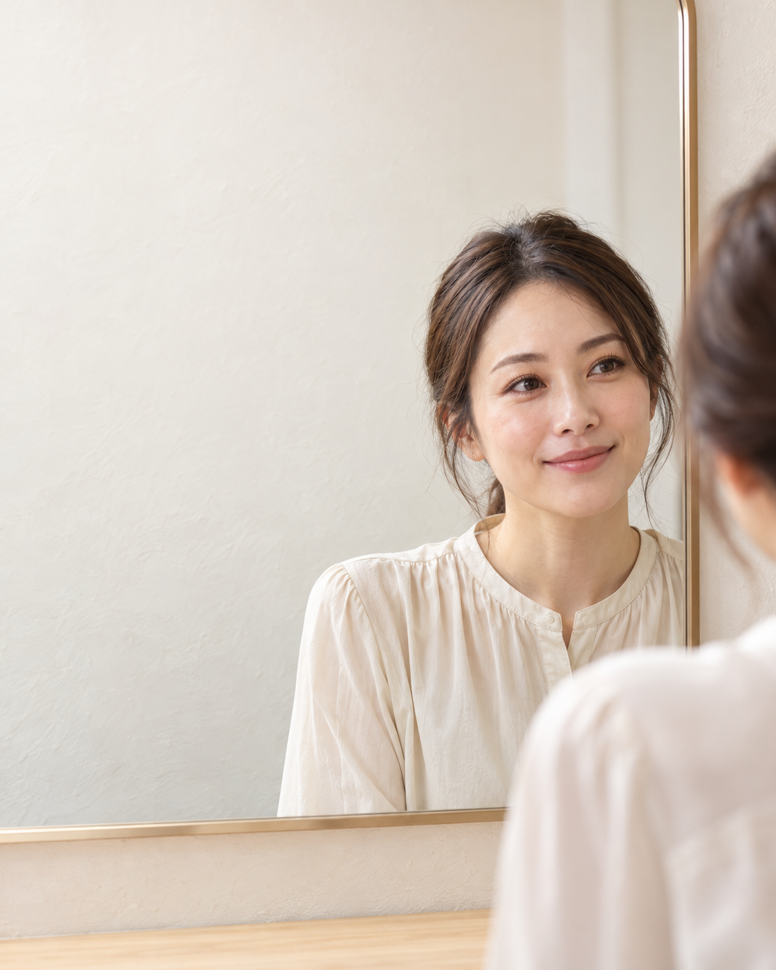 サロンの鏡で整った眉とまつ毛を見て、自然にほほえむ女性