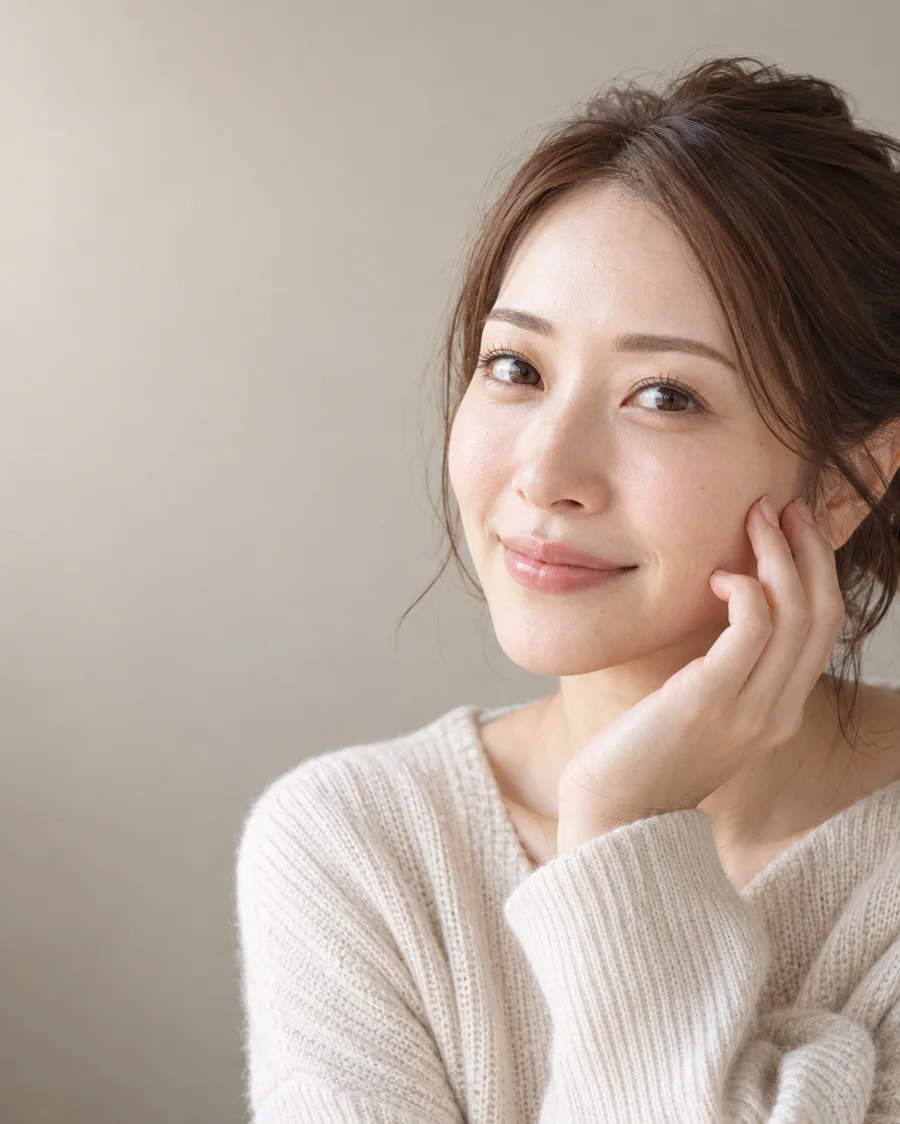 眉とまつ毛が整い、ほほえむ女性